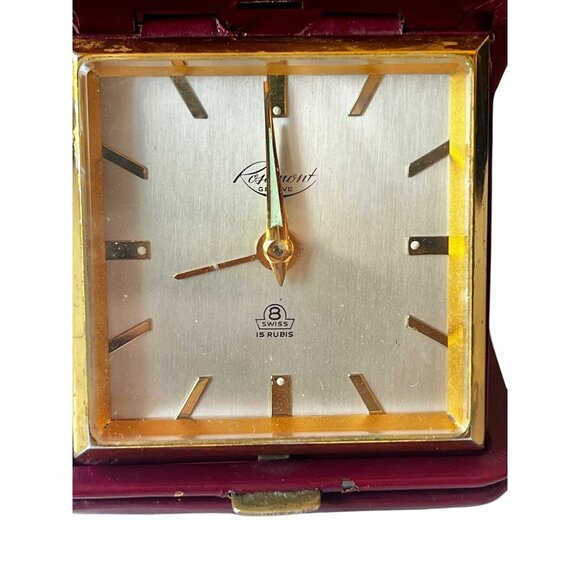 Rosemont Travel Alarm Clock W/  Burgundy Leather Case 15 Rubis Swiss Made Geneva - Picture 10 of 16